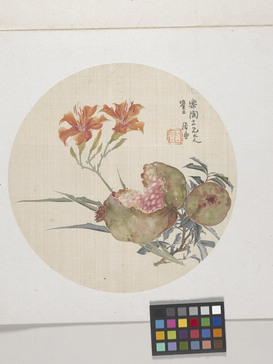 Romã e lírio, cerca de 1850-1904 (tinta e cores sobre papel) de Lian Ju