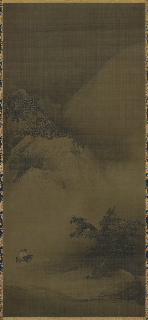 Cenário nevado, pintura de paisagem (k 墨 画 淡彩 雪景 山 図, kenpon bokuga tansai sekkei sansui zu). de Liang Kai