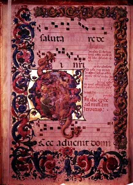 Página de música com um G inicial historiated que descreve a adoração dos Magi, de um antiphonal, c.1473-79 de Liberale da Verona