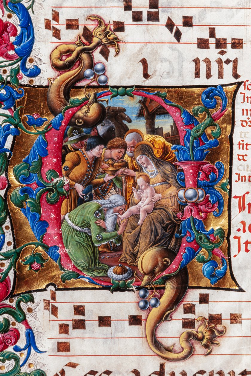 Biblioteca Piccolomini: livro coral, cód. 19.4, ss. 9v com “Adoração dos Magos”, de Liberale da Verona (cerca de 1445 - 1527/9). Detalhe. de Liberale da Verona