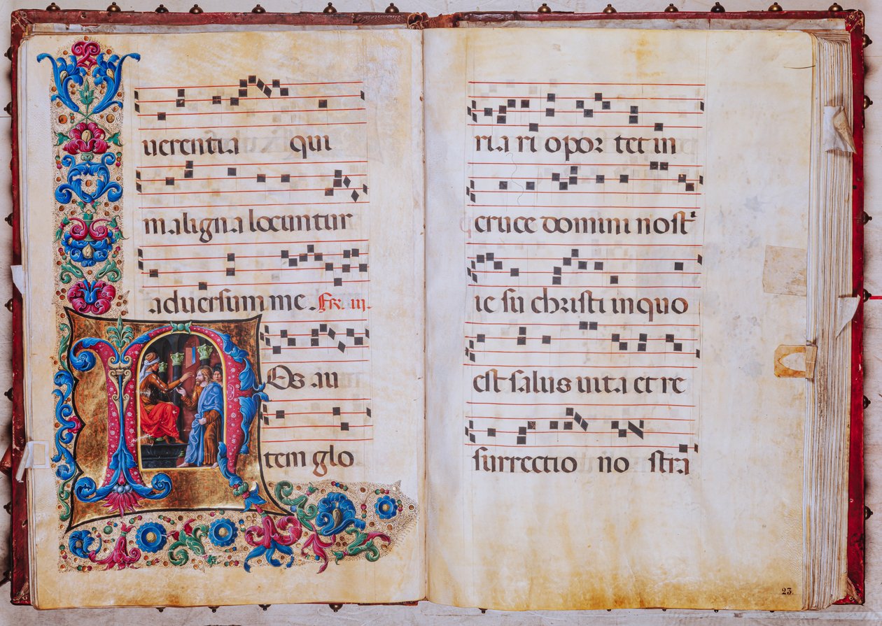 Biblioteca Piccolomini: livro coral, cód. 22.7, ss. 22v-23r com “Cristo diante de Pilatos”, de Liberale da Verona (cerca de 1445 - 1527/9). de Liberale da Verona