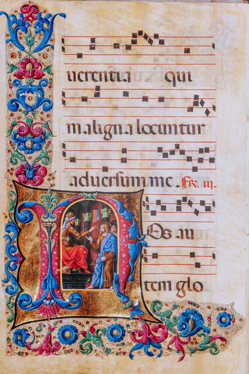 Biblioteca Piccolomini: livro coral, código. 22.7, ff. 22v com "Cristo antes de Pilatos", de Liberale da Verona (cerca de 1445 - 1527/9). de Liberale da Verona