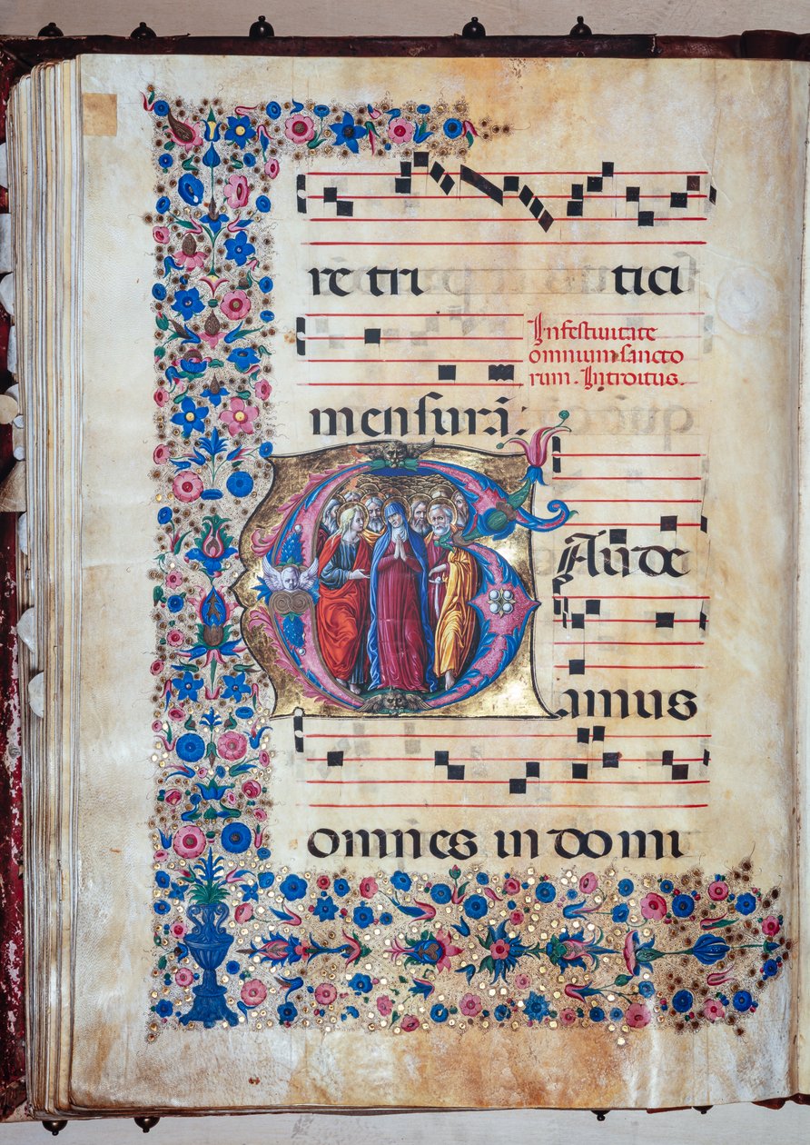 Biblioteca Piccolomini: livro coral, código. 28.12, ff. 94v com a "Virgem e todos os Santos", de Francesco Rosselli e Liberale da Verona (cerca de 1445 - 1527/9). de Liberale da Verona
