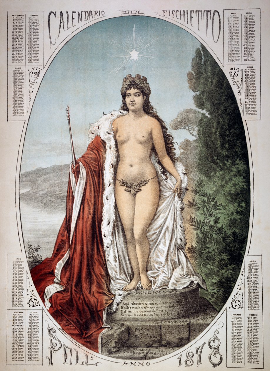 Alegoria da Itália sobre um pedestal feito de impostos e taxas, calendário do apito, ano 1878, Itália de Unbekannt Unbekannt