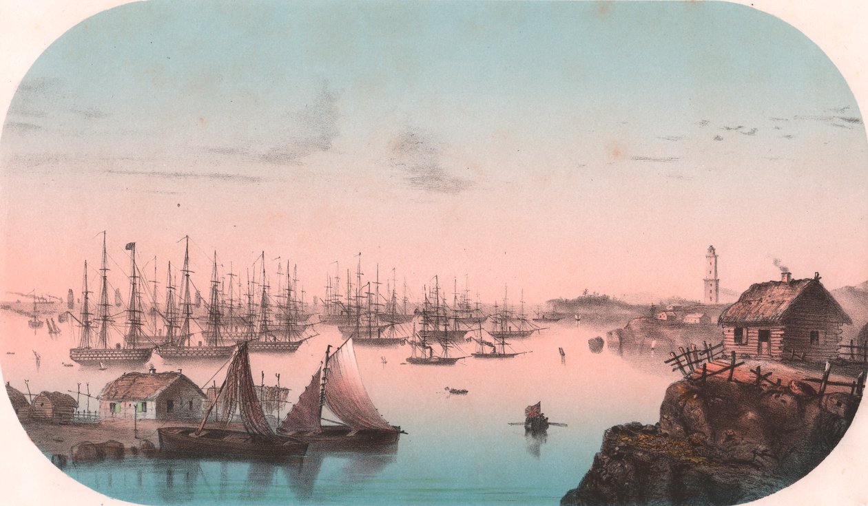 Frota do Báltico em Baro Sund, Finlândia, litografia a cores, 29x20 cm, de Episodes de la guerre d