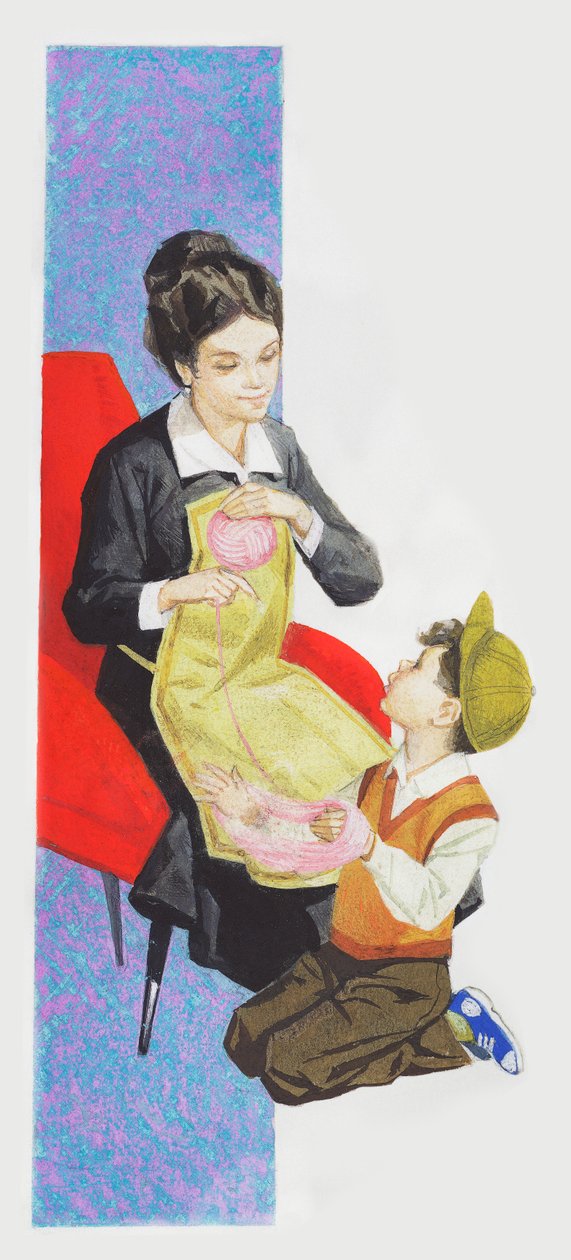 Rapaz a ajudar a mãe a fazer bola de lã, a desenhar. de Unbekannt Unbekannt