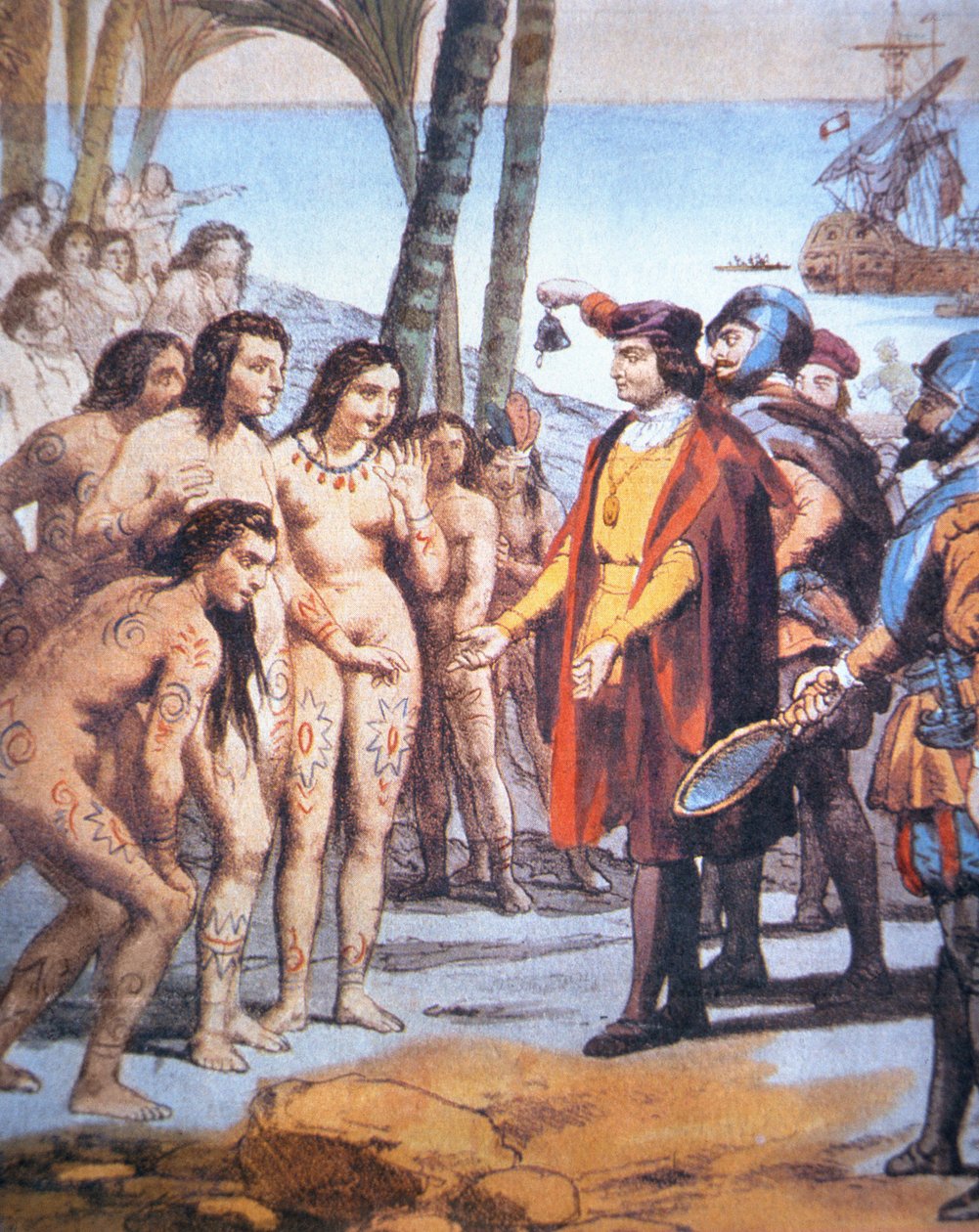 Cristóvão Colombo desembarca no Novo Mundo em 1492 e é saudado pelos índios Taino (cor litho) de Unbekannt Unbekannt