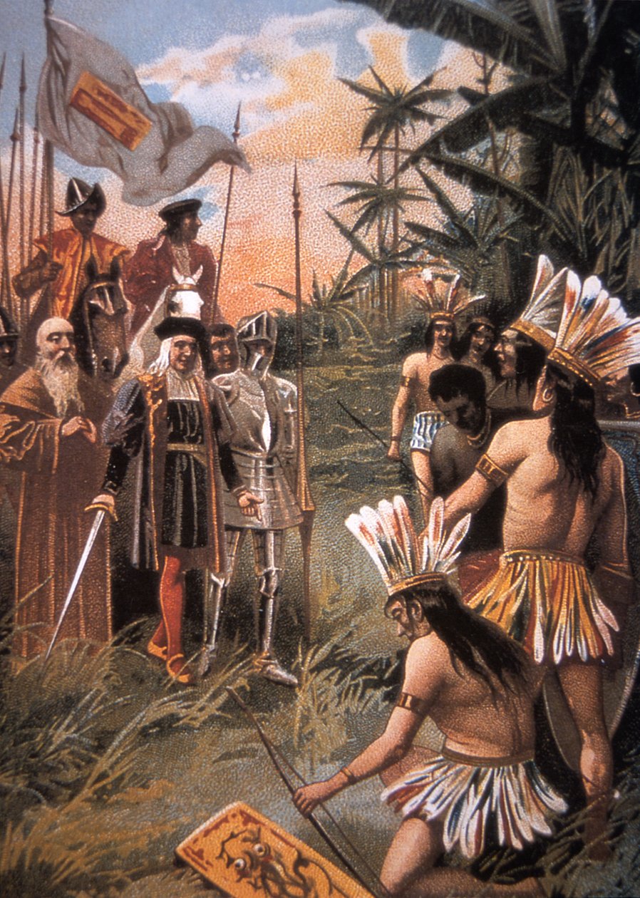 Colombo desembarca no Novo Mundo e encontra os índios de Unbekannt Unbekannt