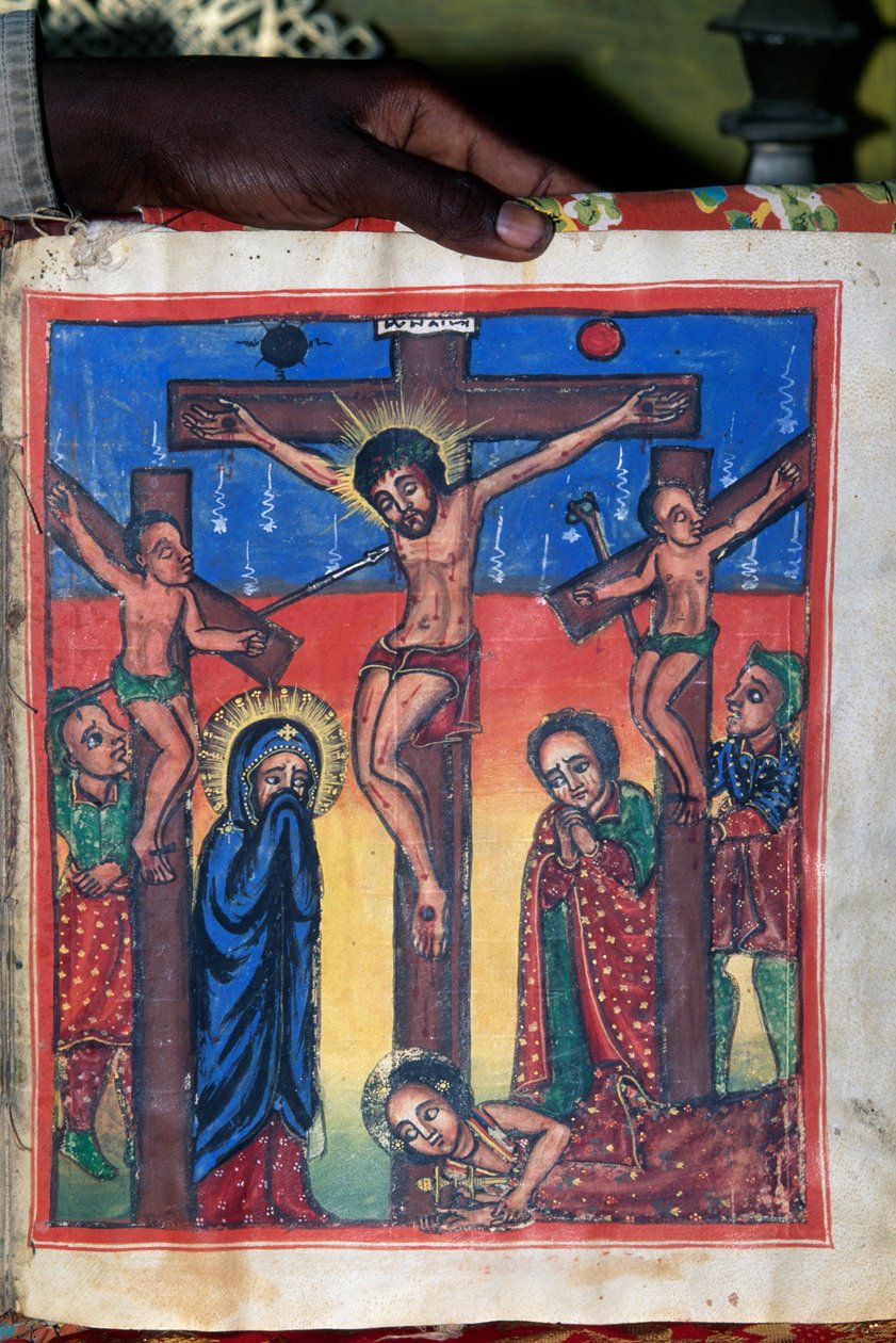 Crucificação, manuscrito no museu da Igreja de Santa Maria de Sião (século XVII), Aksum (Lista do Património Mundial da Unesco) de Unbekannt Unbekannt