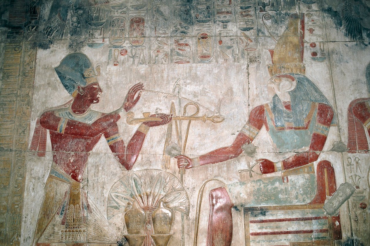 Egipto, Abydos, Templo do faraó Seti I, capela de Osíris. Pormenor, relevo pintado, Reino Novo, Dinastia XIX de Unbekannt Unbekannt