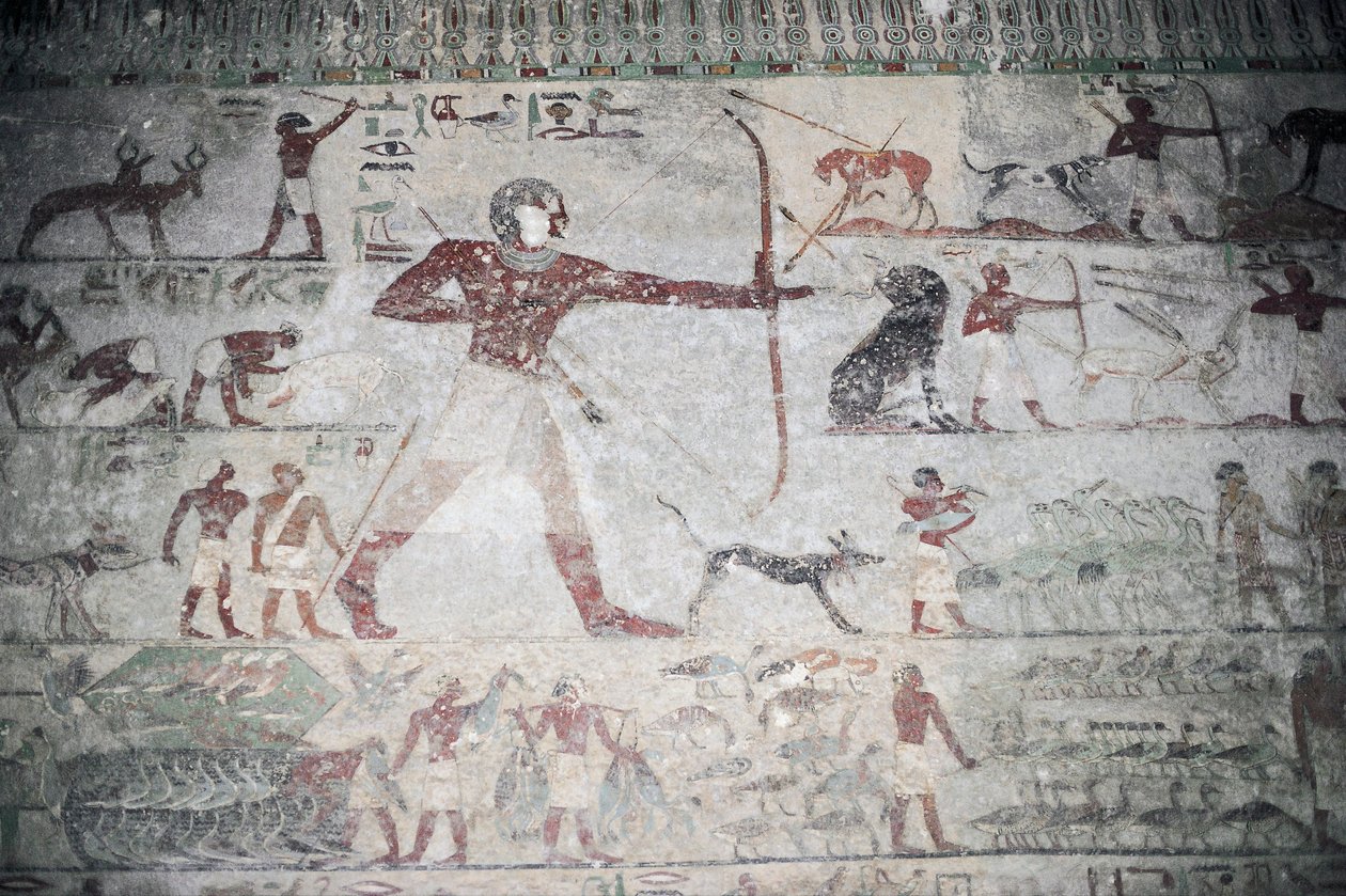 Egipto, Necrópole de Beni Hasan, Túmulo de Khnumhotep III, pintura mural retratando cena de caça de Unbekannt Unbekannt