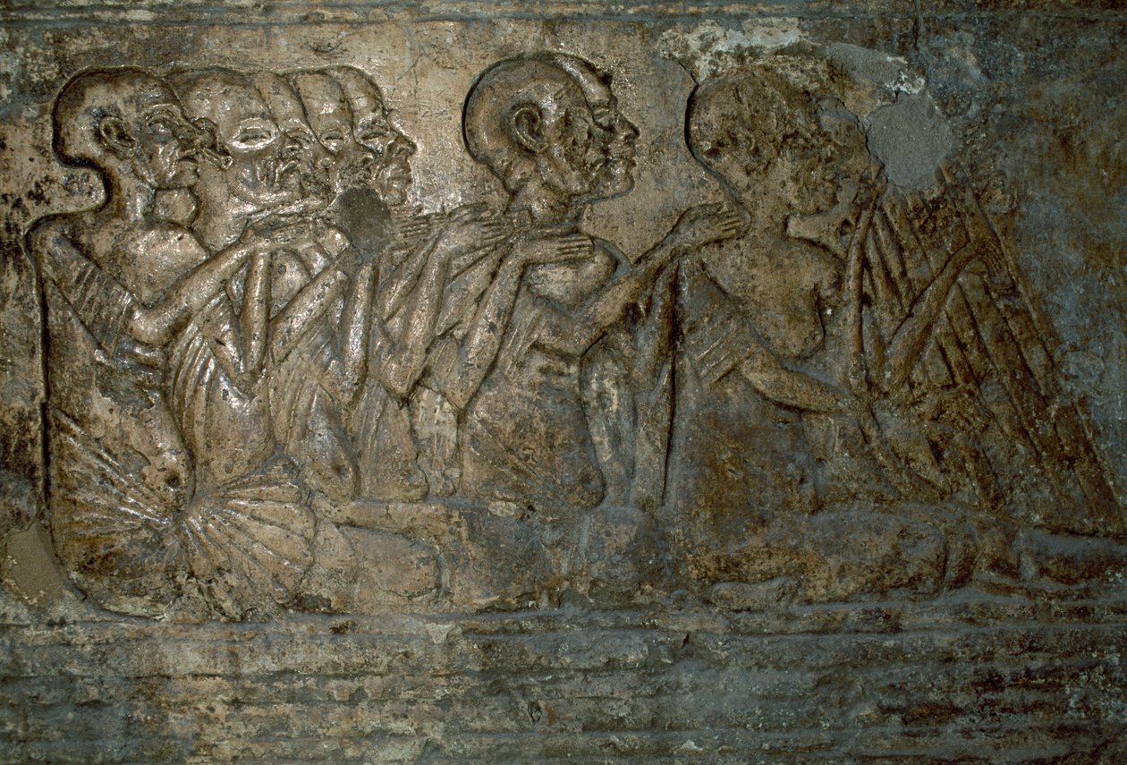 Convidados estrangeiros apresentando presentes à Rainha Nefertiti, Bas relief from tomb of Merire, Necrópole de Tell el-Amarna, Egito, civilização egípcia, Novo Reino, Dinastia XVIII de Unbekannt Unbekannt