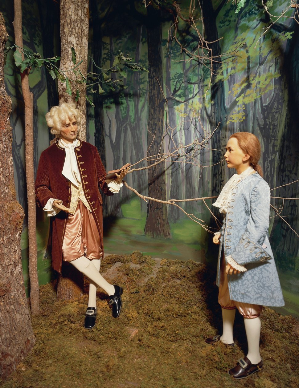 França, Chateau de Chenonceau, Vale do Loire, Jean Jacques Rousseau dando lição de terreno de Chenonceau ao filho de Claude Dupin; Ele escreverá um tratado para a educação do Emile, reprodução no Museu de Cera de Unbekannt Unbekannt