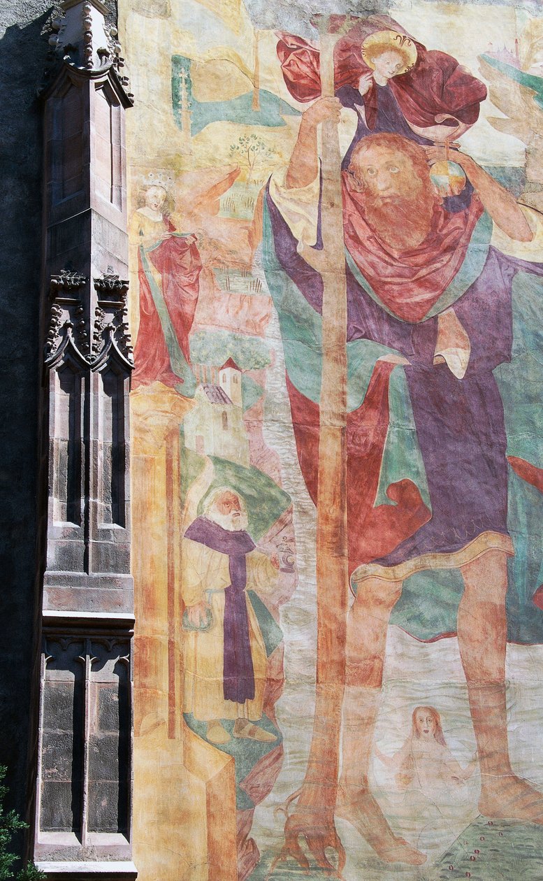 Fresco de São Cristóvão, fachada exterior sul, Igreja Paroquial São Nicolau, Merano, Bolzano, Trentino-Alto Adige, Itália de Unbekannt Unbekannt