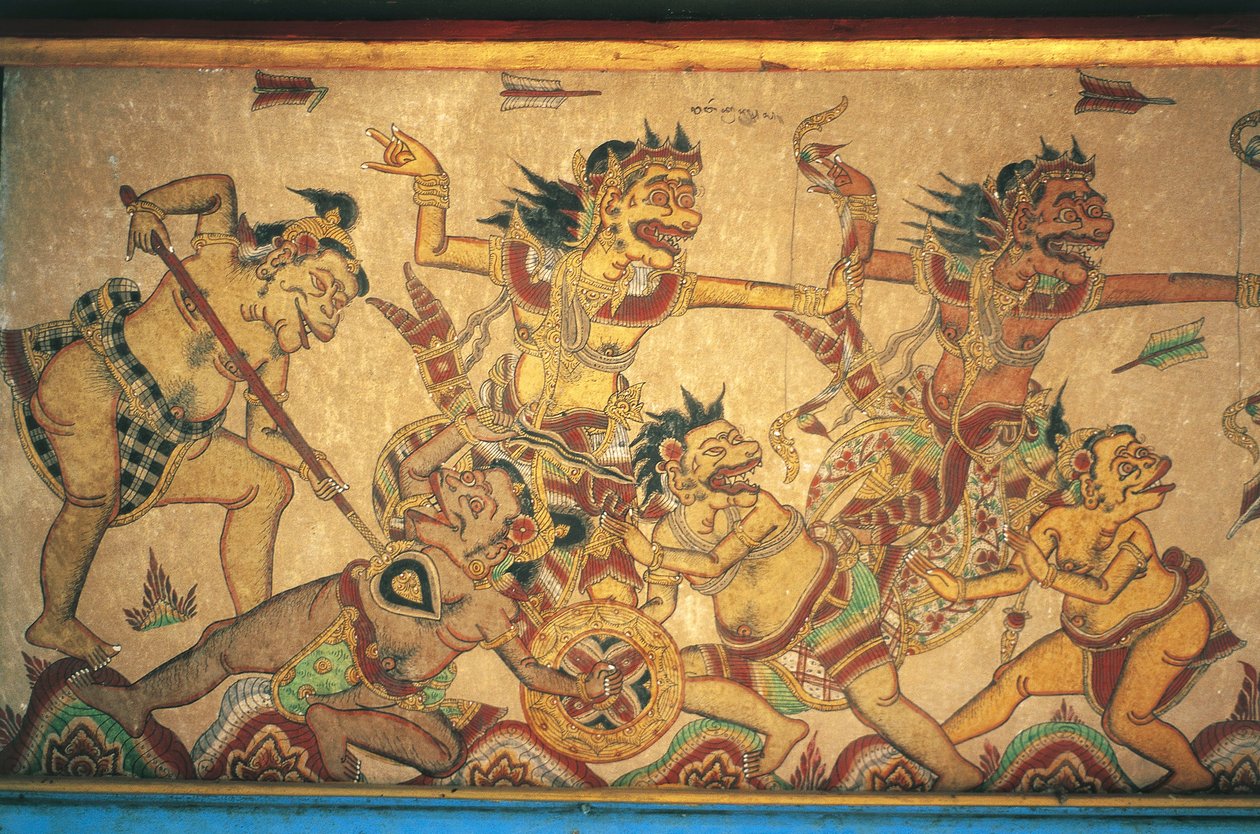 Frescoes retratando cenas de batalhas entre deuses e demônios, pavilhão Kertha Gosa, Palácio Klungkung (Puri Agung Semarapura), Semarapura, Bali, Indonésia de Unbekannt Unbekannt
