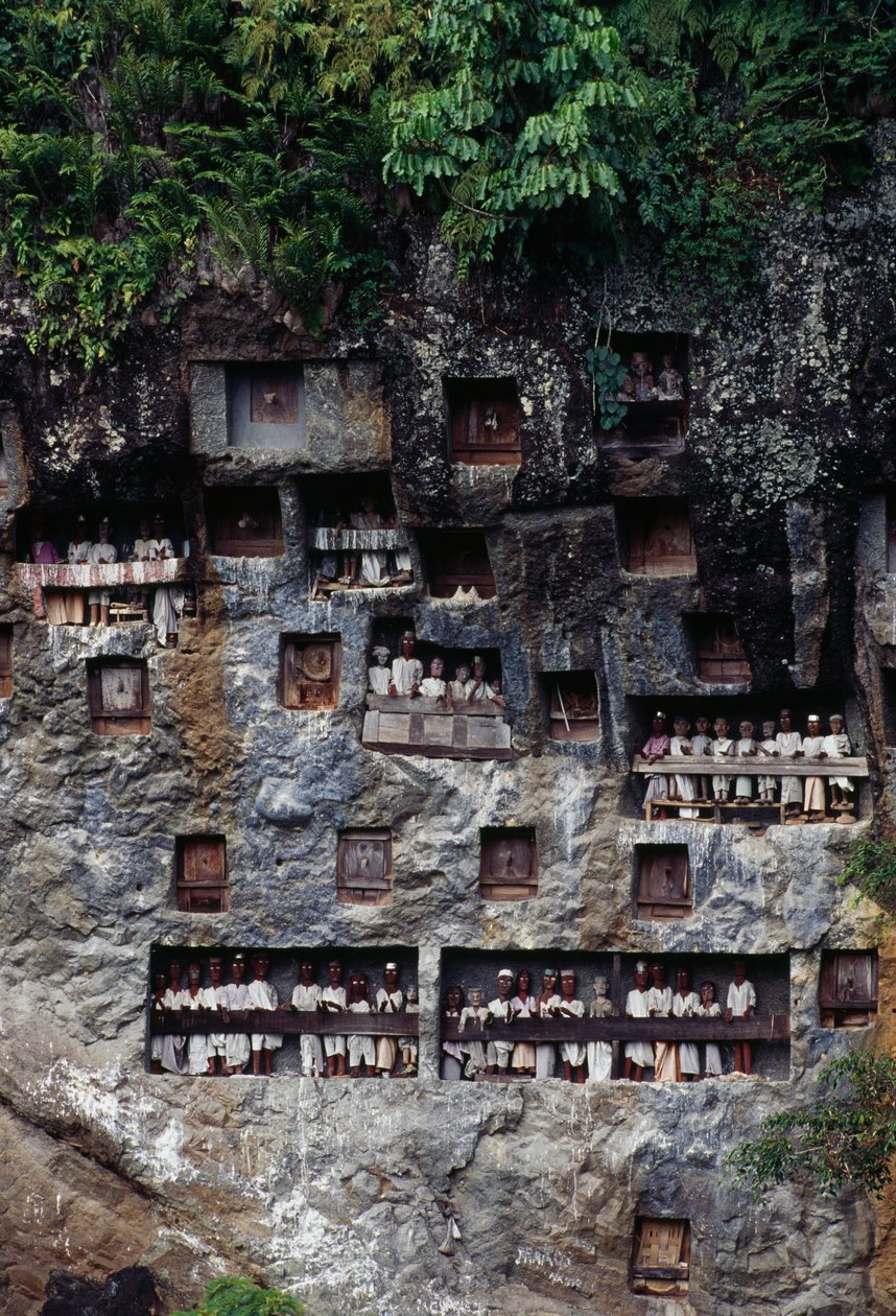 Nichos funerários com figuras mortuárias Tau Tau, aldeia Lemo, Tana Toraja, ilha Sulawesi, Indonésia. de Unbekannt Unbekannt