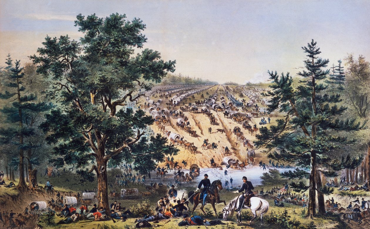 Retiro de George Brinton McClellan, Bear Creek ford, Exército do Potomac, julho de 1862, desenho de John Badger Bachelder, gravura de Bufford, Guerra Civil Americana, EUA de Unbekannt Unbekannt