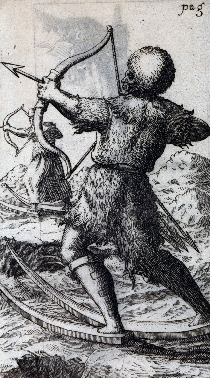 Caçador com arco e flecha em esquis curtos, ilustração de De Calceo Antiquo, de B Balduinus de Unbekannt Unbekannt