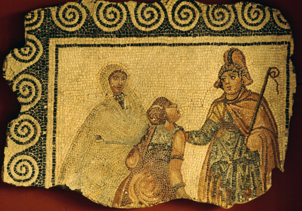 Cena de iniciação, mosaico da vila romana de Negrar, Vêneto, Itália, civilização romana de Unbekannt Unbekannt