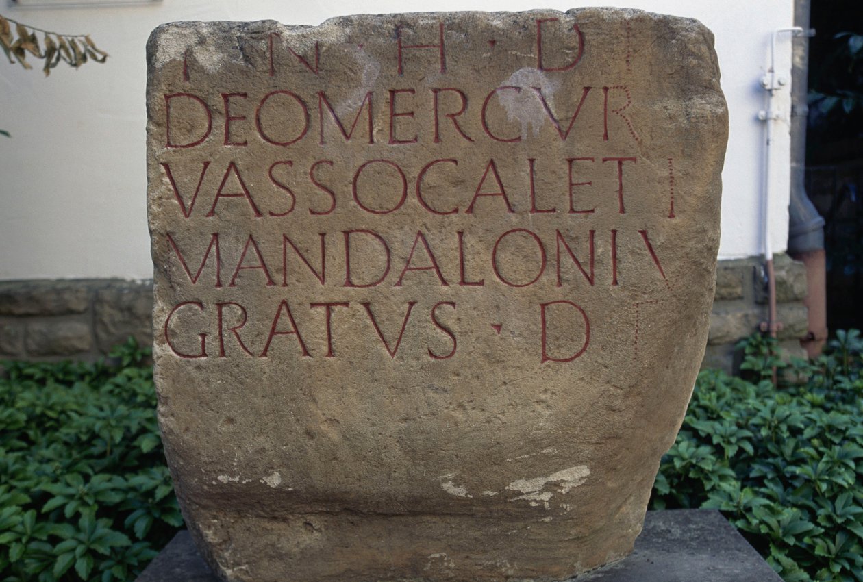 Inscrição com dedicação a Mercúrio, placa de arenito, Bitburg, Renânia-Palatinado, Alemanha, civilização romana, século II - III d.C. de Unbekannt Unbekannt