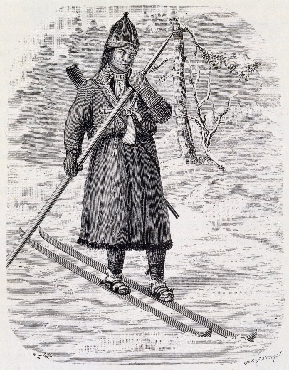 Lars Tuorda, atleta Lappish vencedor da competição de esqui de fundo organizada em 1884 por Adolf Erick Nordenskjold, desenho com tinta indiana de Unbekannt Unbekannt