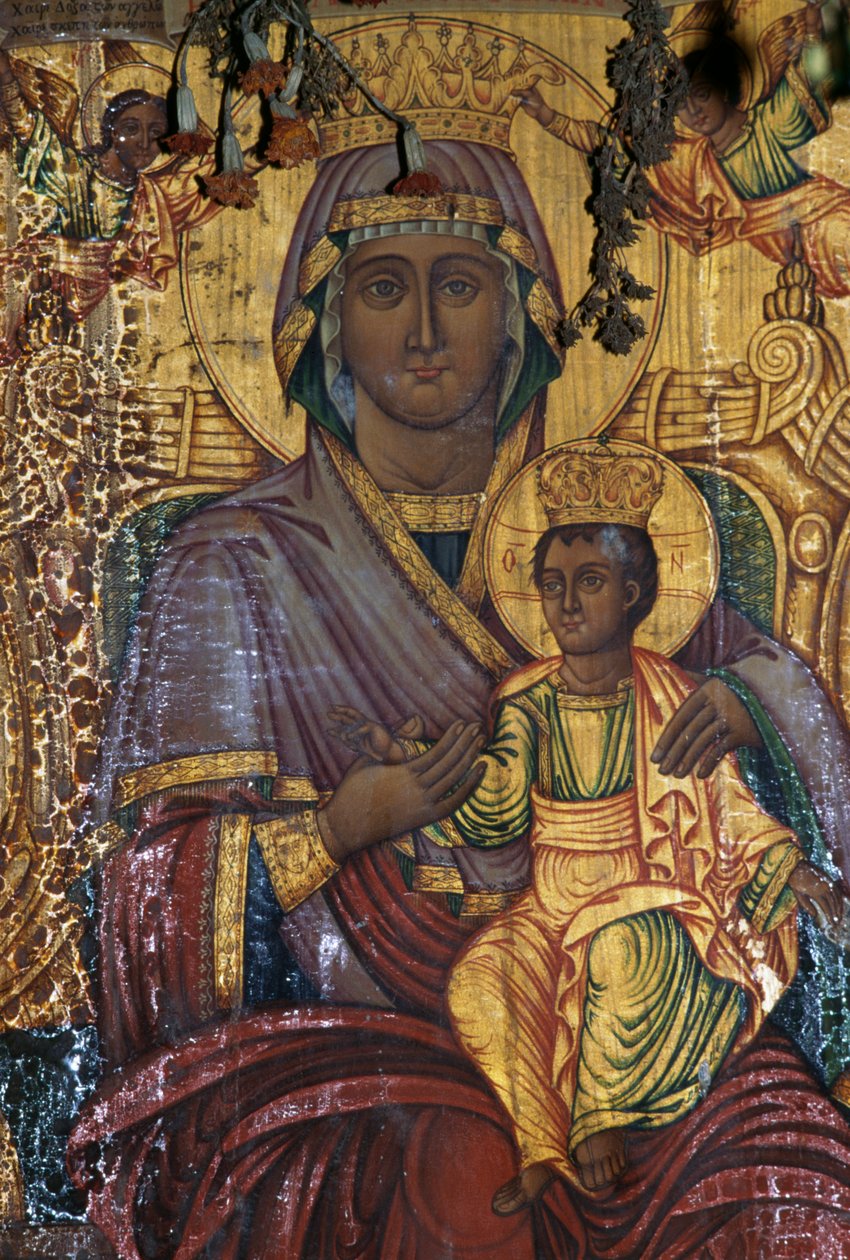 Madonna e Child, pintura dourada, igreja bizantina de Agios Georgios, Vathi, Creta, Grécia (foto) de Unbekannt Unbekannt