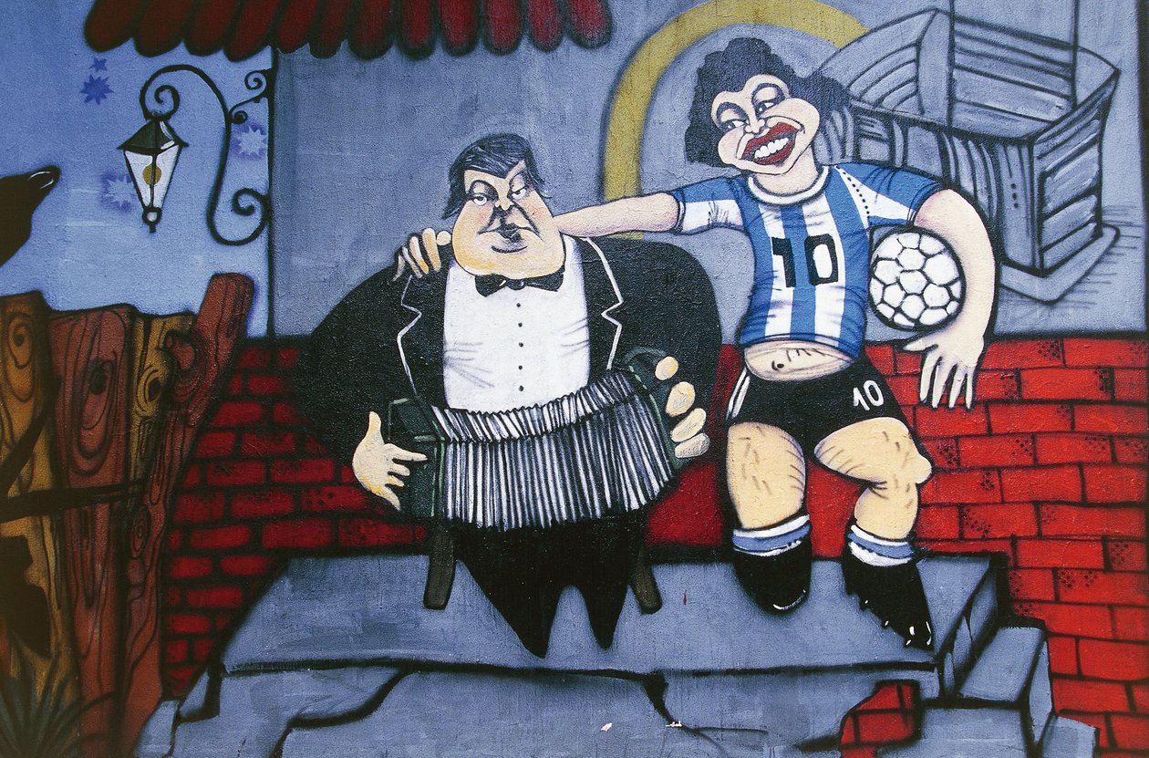 Músico Anibal Troilo e jogador de futebol Diego Maradona, mural na parede da viela Caminito, La Boca, Buenos Aires, Argentina de Unbekannt Unbekannt