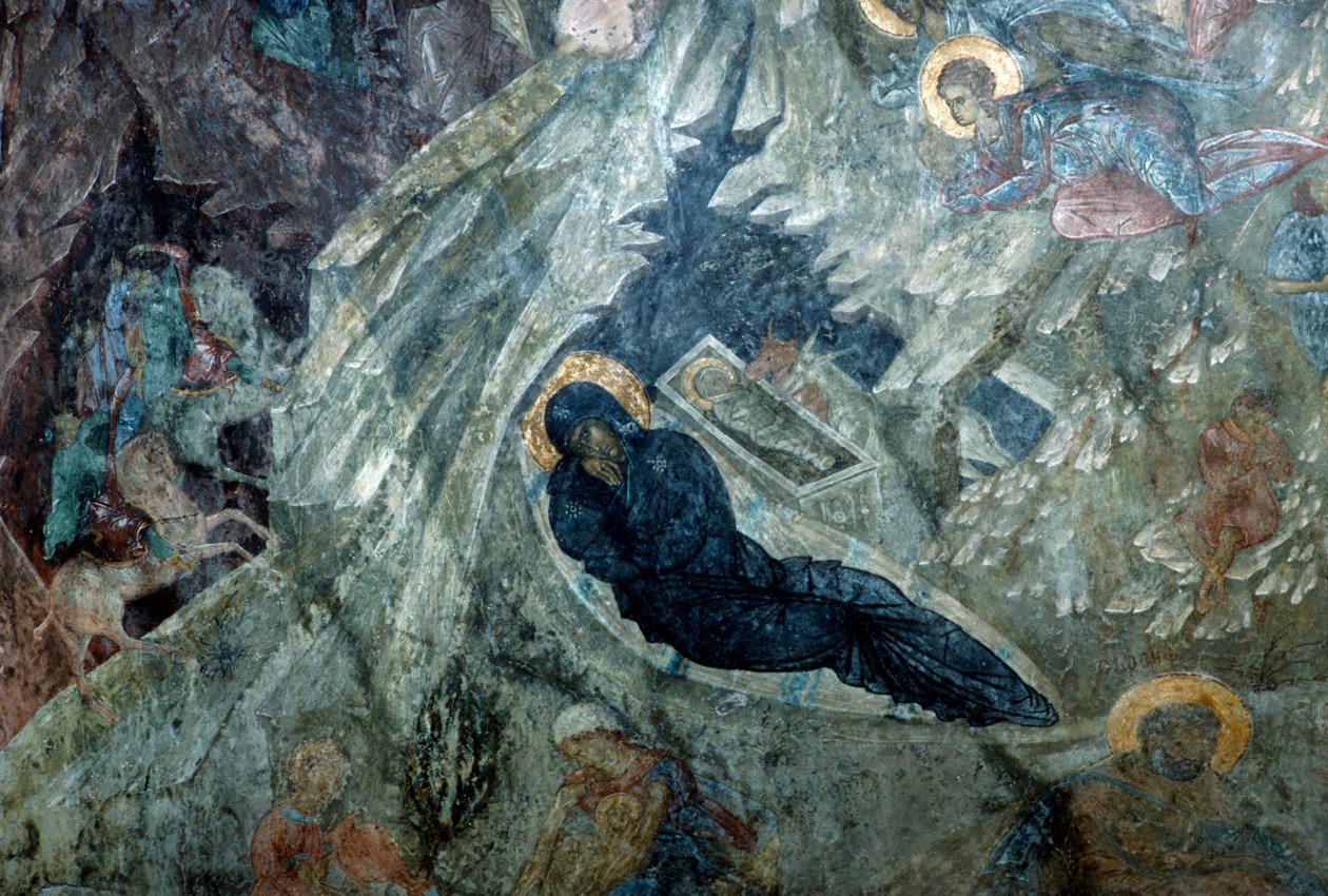 Natividade, afresco no mosteiro de Panagia Perivleptos, cidade bizantina de Mystras (Lista do Patrimônio Mundial da UNESCO) de Unbekannt Unbekannt