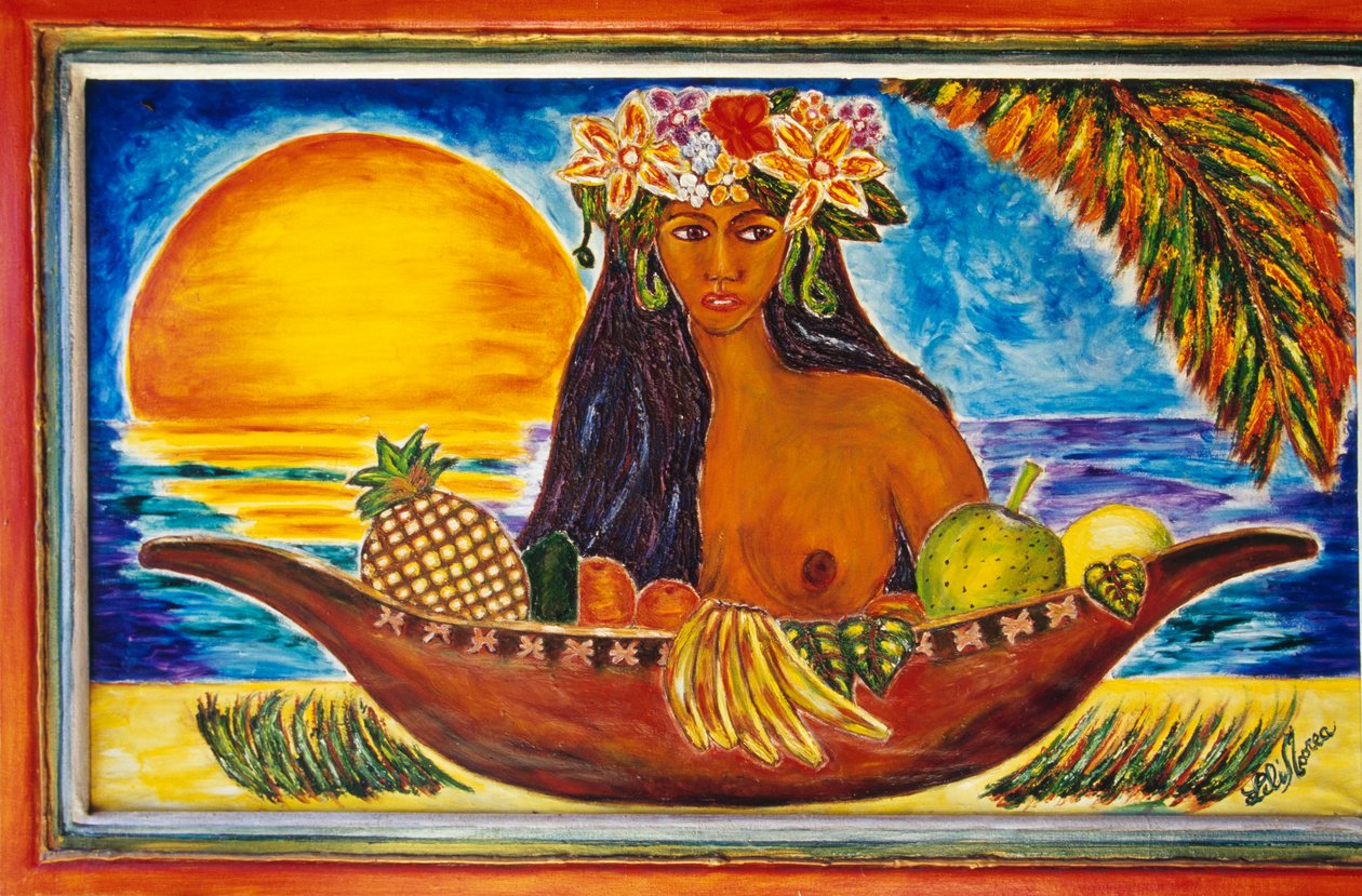 Vidro pintado representando a mulher polinésia, ilha de Moorea, Ilhas da Sociedade, Polinésia Francesa (território ultramarino da República Francesa), detalhe de Unbekannt Unbekannt