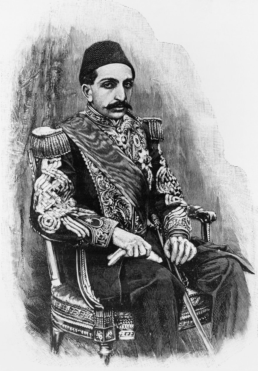 Retrato de Abdul Hamid II (1842-1918), 34º Sultão do Império Otomano de 1876 a 1909, gravura após fotografia de Unbekannt Unbekannt