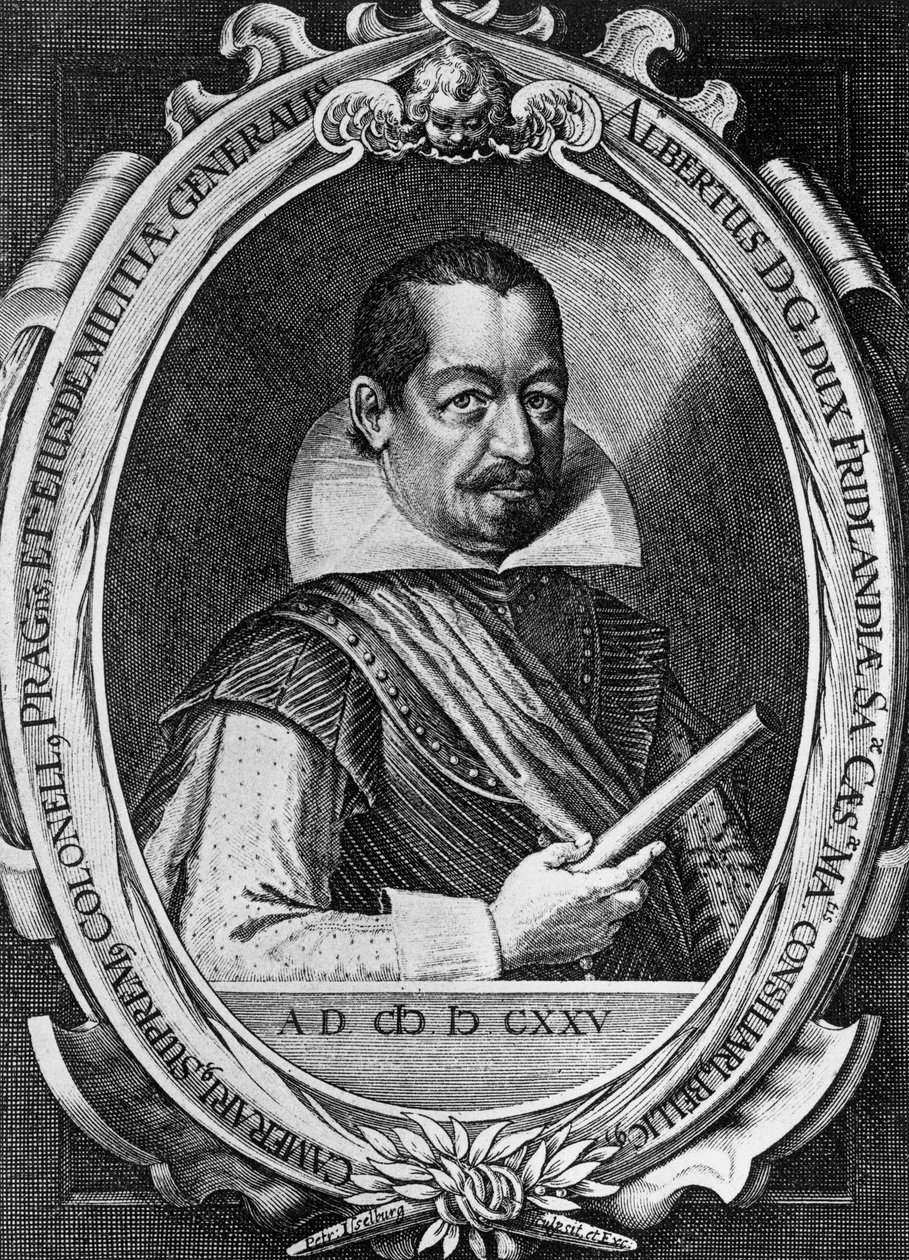 Retrato de Albrecht Wenzel Eusebius von Waldstein (1583-1634), líder militar e político boêmio, ofereceu seus serviços durante a Guerra dos Trinta Anos ao Imperador Fernando II, gravada por Peter Isselburg (cerca de 1580-circa 1631) de Unbekannt Unbekannt