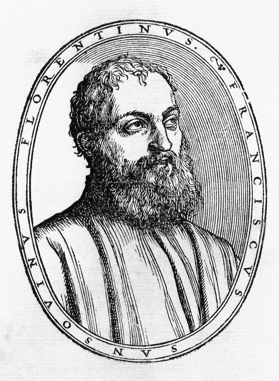 Retrato de Francesco Tatti da Sansovino (1521-1586), homem de letras italiano, xilogravura de Del secretario di Francesco Sansouino libri quattro, publicado por Francesco Rampazetto de Unbekannt Unbekannt