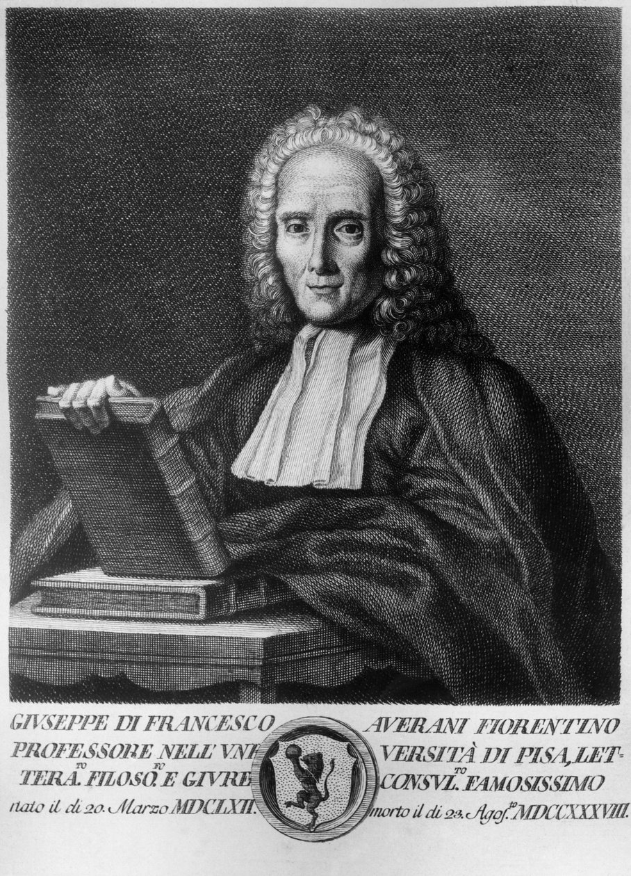 Retrato de Giuseppe Averani, conhecido como Averanus (1662-1738), jurista e naturalista italiano, gravura da Serie di ritratti d 
