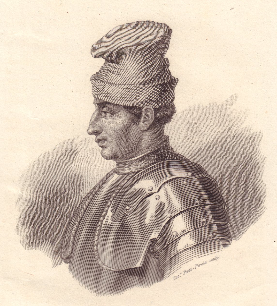 Retrato do líder militar italiano Niccolo Fortebraccio também conhecido como della Stella (1389-1435), gravura em cobre de Caterina Piotti-Pirola de Unbekannt Unbekannt