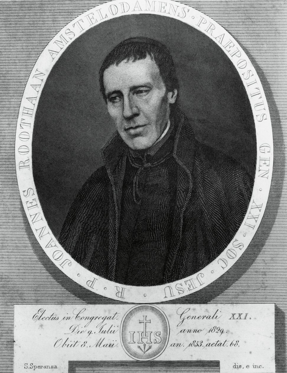 Retrato de Jan Philipp Roothaan (1785-1853), jesuíta holandês e 21º Superior Geral da Companhia de Jesus, desenho e gravura de Serafino Speranza (1862-1911) após pintura de Frans Quartier de Unbekannt Unbekannt