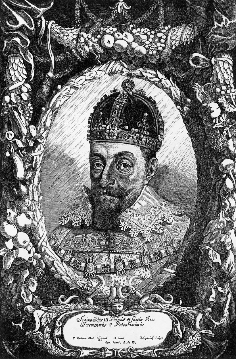 Retrato de Sigismundo III Vasa (1566-1632), Rei da Polónia de 1587 a 1632, Rei da Suécia de 1592 a 1599, e Grão-Duque da Lituânia, gravura de Unbekannt Unbekannt