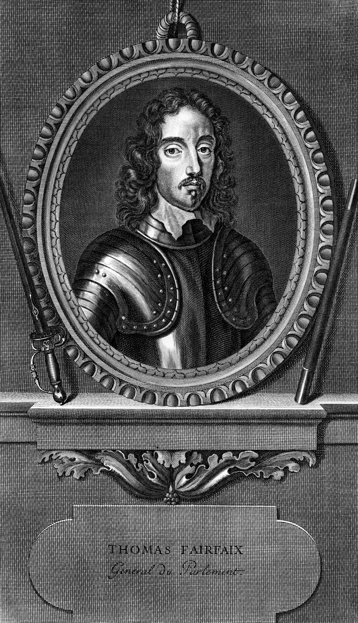 Retrato de Thomas Fairfax, 3º Lord Fairfax de Cameron (1612-1671), general inglês e comandante-chefe do Parlamento durante a Guerra Civil Inglesa, gravura de Unbekannt Unbekannt