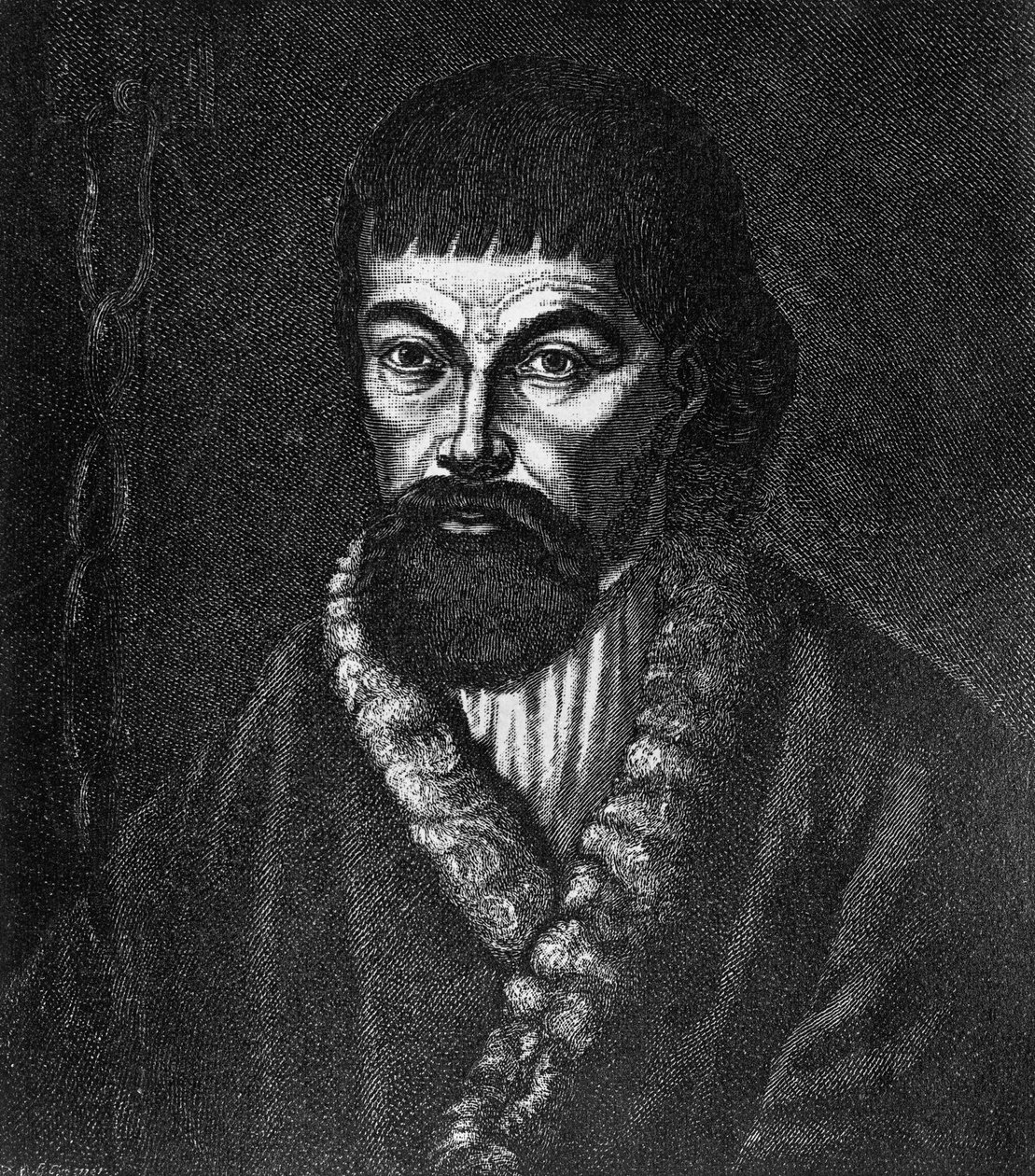 Retrato de Yemelyan Ivanovich Pugachov (ca. 1742-1775), líder da grande rebelião cossaca e camponesa na Rússia em 1773-1774, gravura após pintura a óleo de Unbekannt Unbekannt