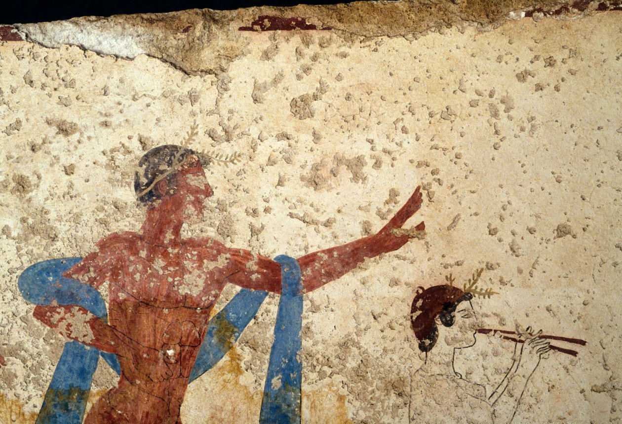Procissão com atleta, detalhe, afresco do Túmulo do Mergulhador, Paestum, Campânia, Itália, civilização Antiga Grega, Magna Graecia, século III a.C. (foto) de Unbekannt Unbekannt