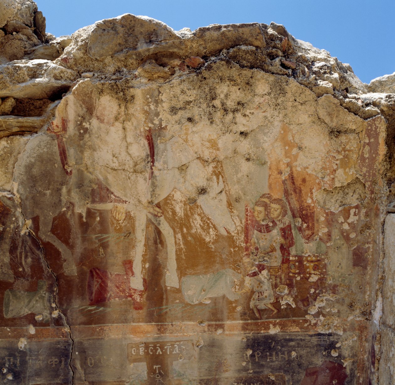 Restos de afrescos da igreja bizantina em ruínas em Preveli, Creta, Grécia (foto) de Unbekannt Unbekannt