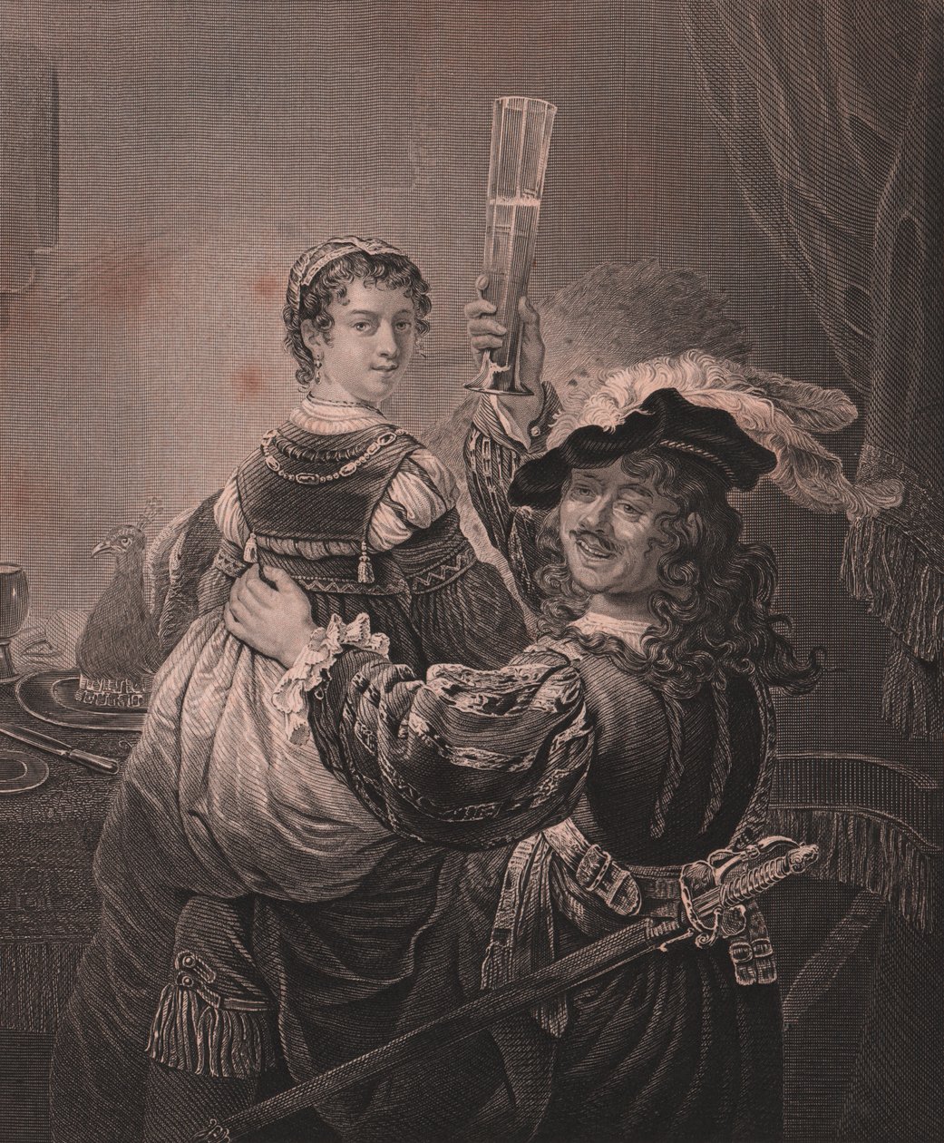 Rembrandt com sua esposa Saskia, gravando H Payne da pintura de Rembrandt, da Galeria Real de Payne Dresden, de Albert Henry Payne, H Payne Dresden e Leipzig Publisher, por volta de 1840 de Unbekannt Unbekannt