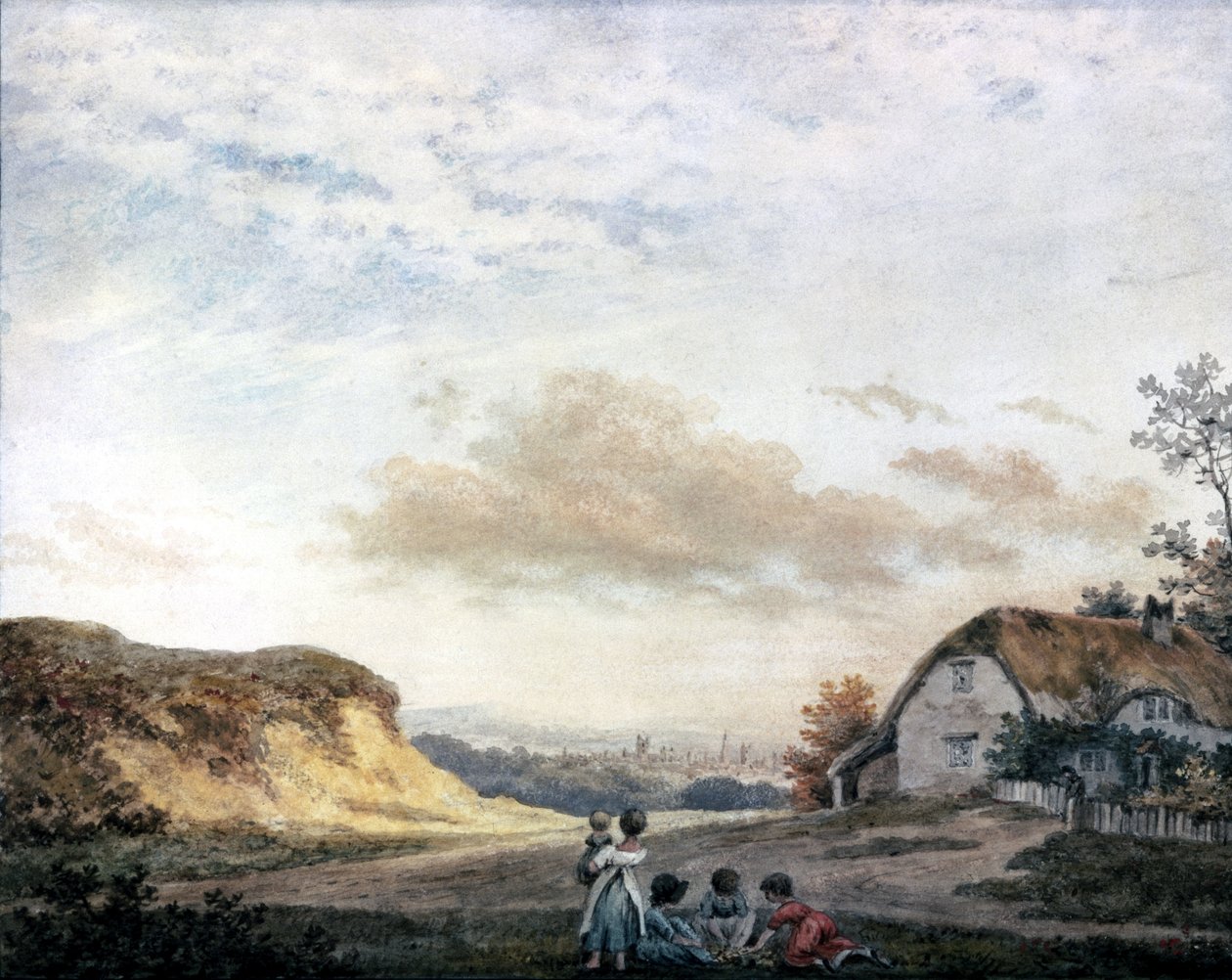 Paisagem rural por Luke Howard com crianças brincando em uma casa de campo, c 1808-1811 de Unbekannt Unbekannt