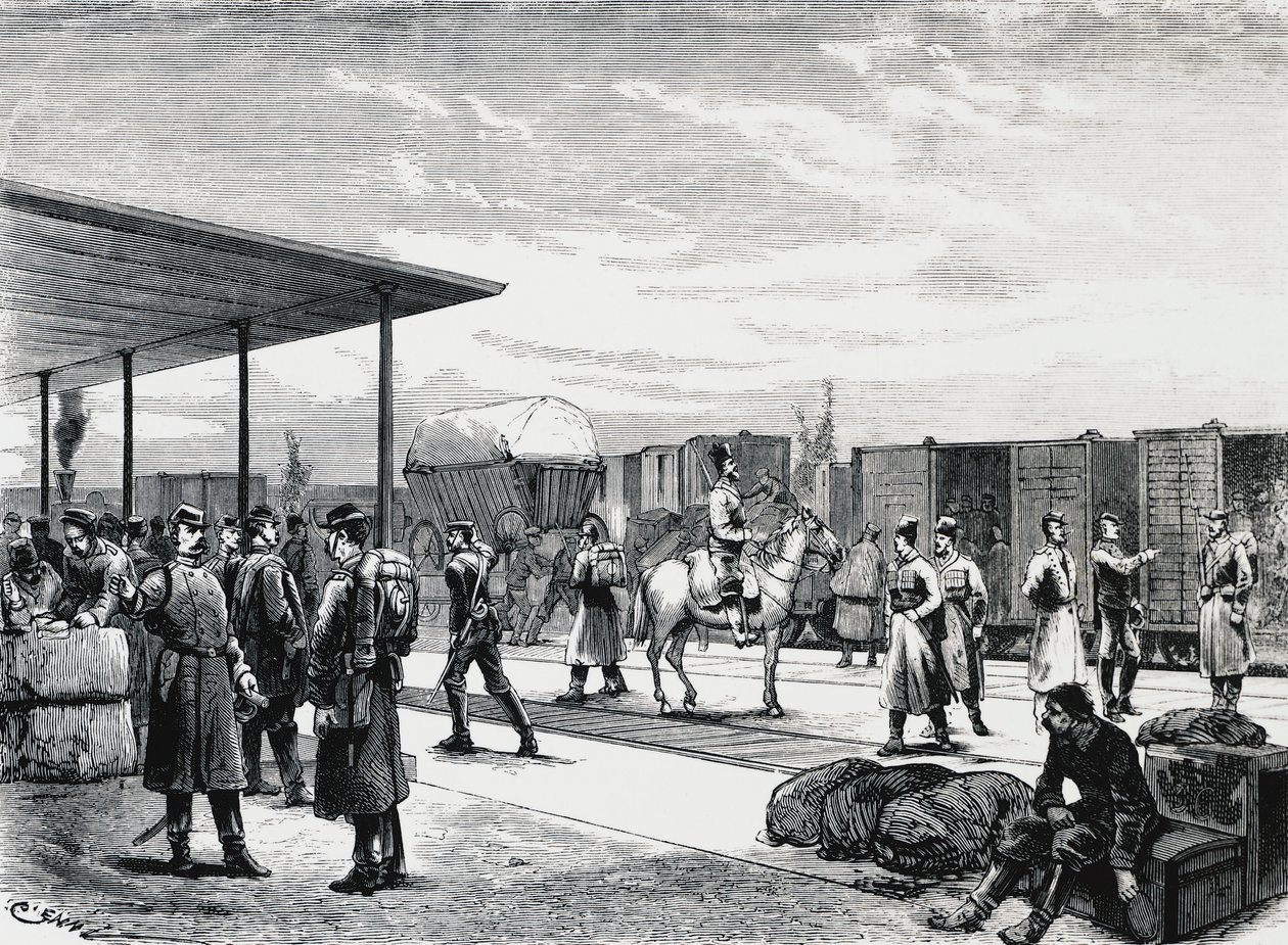 Comboio militar russo na estação de Bustiu, na ferrovia Bucharest-Galati, guerra russo-turca, gravura, Romênia de Unbekannt Unbekannt