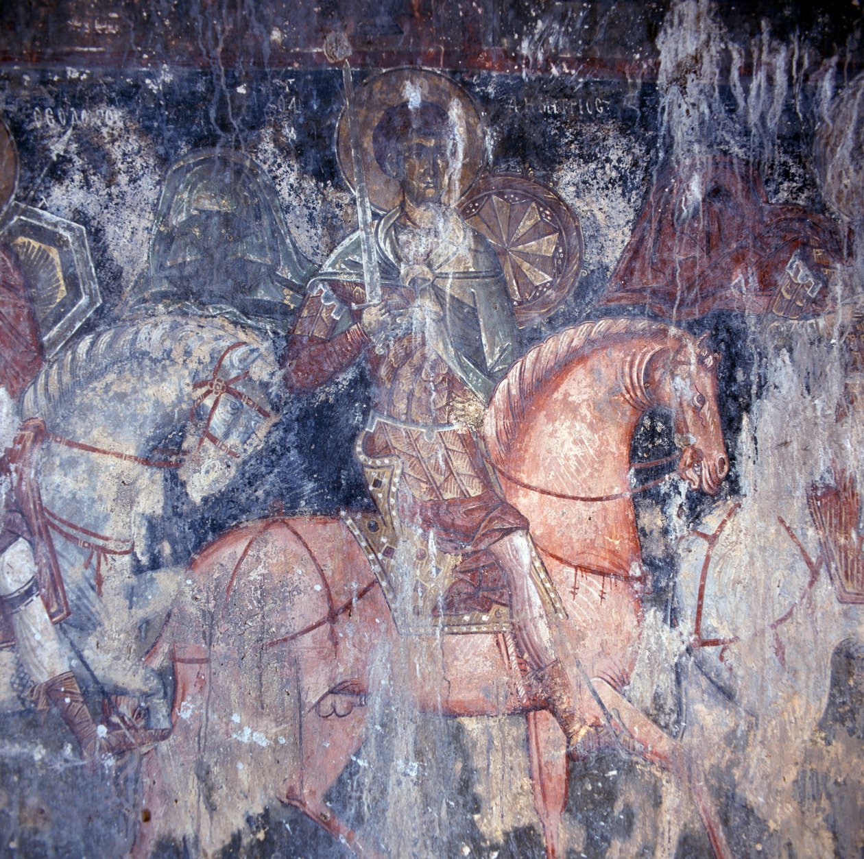 Santo a cavalo, fresco na igreja em Palaia Roumata, Creta, Grécia (foto) de Unbekannt Unbekannt