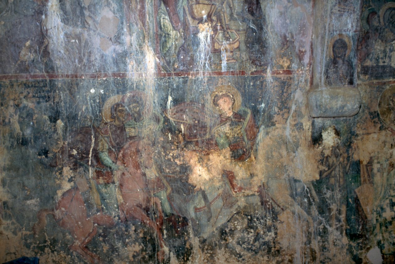 Santos a cavalo, fresco na igreja bizantina de Agios Athanasios, Kefali, Creta, Grécia (foto) de Unbekannt Unbekannt