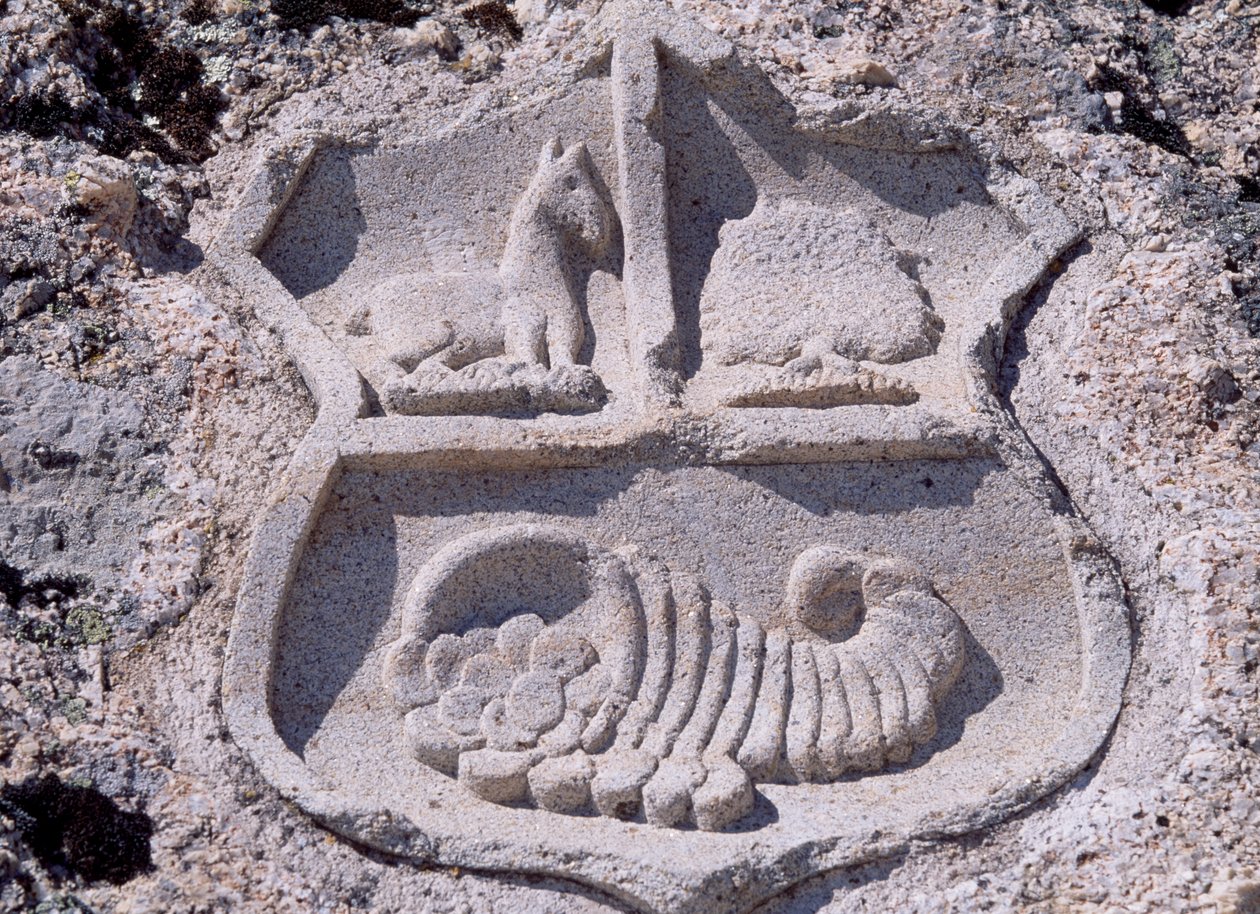 Espanha, Castela e Leão, Mombeltran, Castelo dos Duques de Albuquerque, Detalhe arquitectónico mostrando brasão de armas de Unbekannt Unbekannt