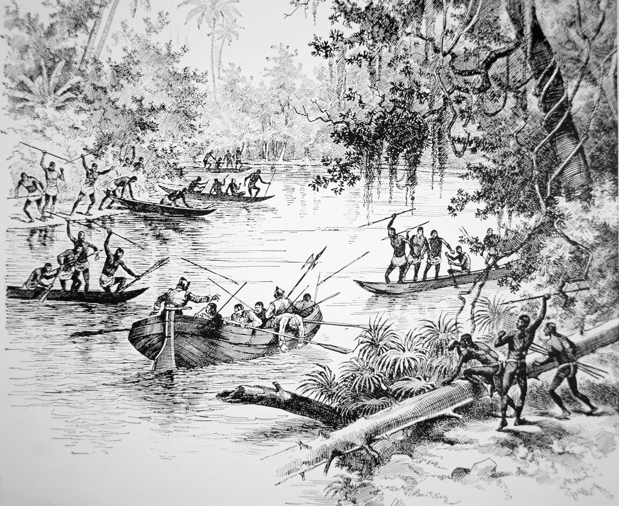 Conquistadores espanhóis atacados por nativos na América do Sul (litho) de Unbekannt Unbekannt