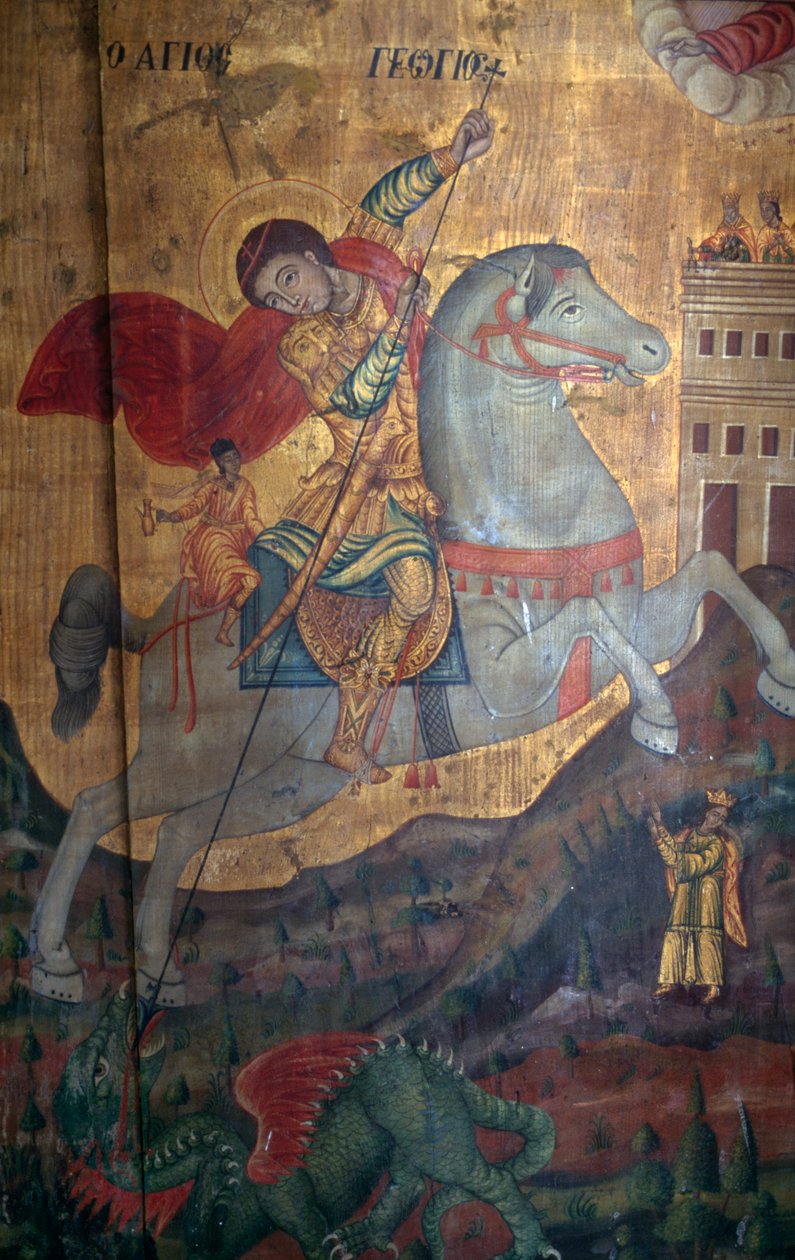 São Jorge e Dragão, detalhe de painel de madeira na igreja de Agia Paraskevi, Anisaraki, Creta, Grécia (foto) de Unbekannt Unbekannt