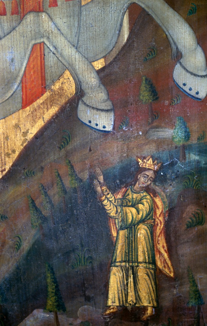 São Jorge e Dragão, detalhe de painel de madeira na igreja de Agia Paraskevi, Anisaraki, Creta, Grécia (foto) de Unbekannt Unbekannt