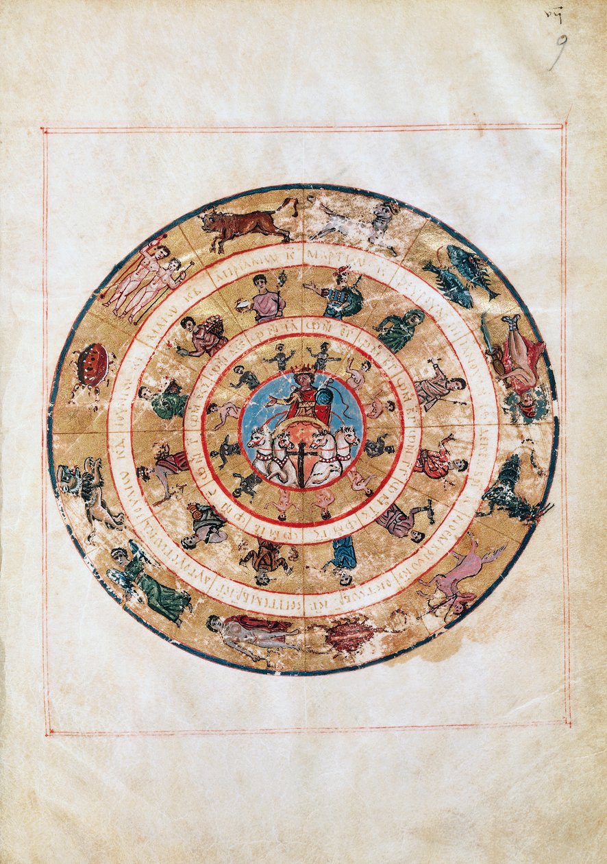 A carruagem do Sol e os signos do Zodíaco, miniatura de um manuscrito do início da Idade Média, mesa astronômica de Ptolomeu (ca. 100-175), civilização helenística de Unbekannt Unbekannt